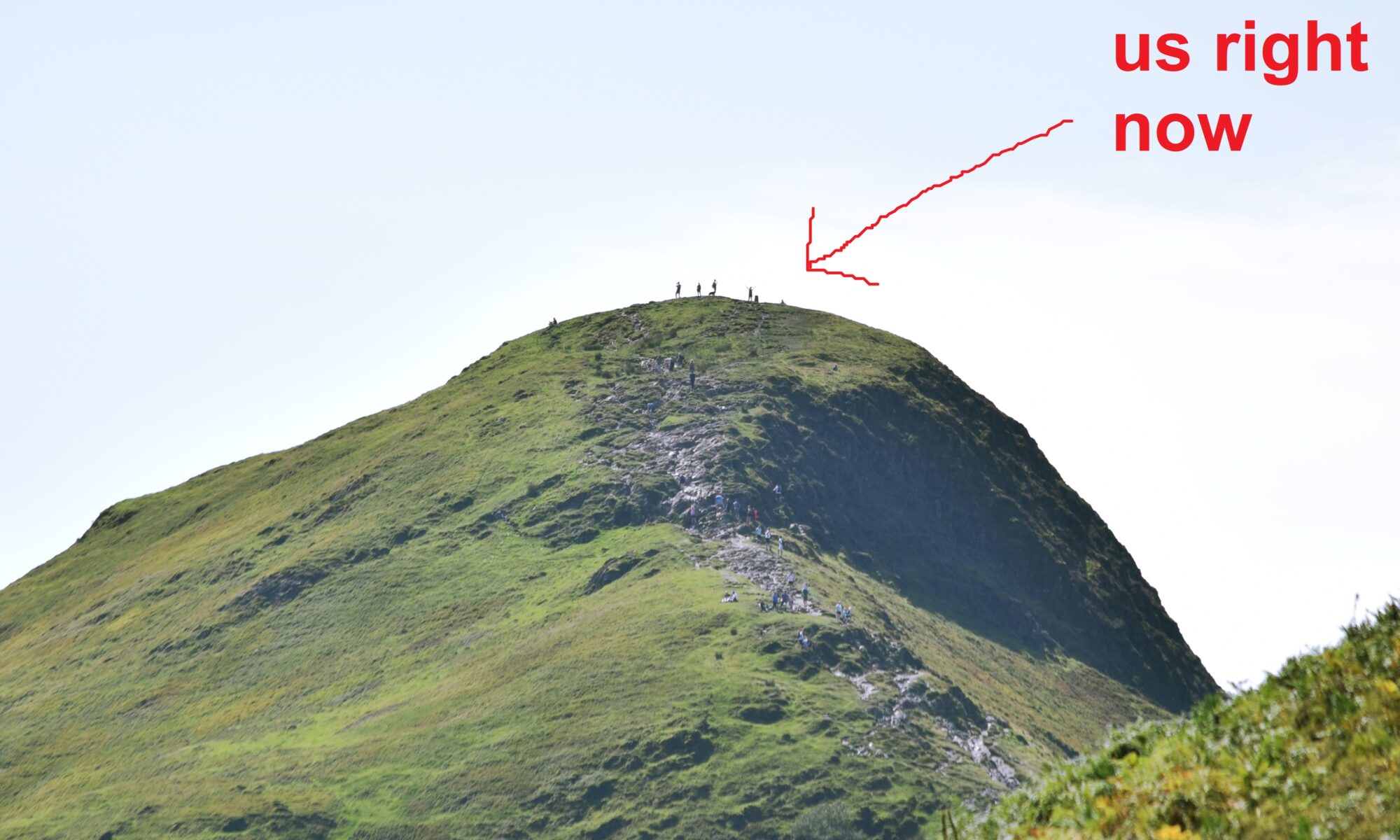 a group of people at the top of a hill, with an arrow pointing to them saying "us right now"