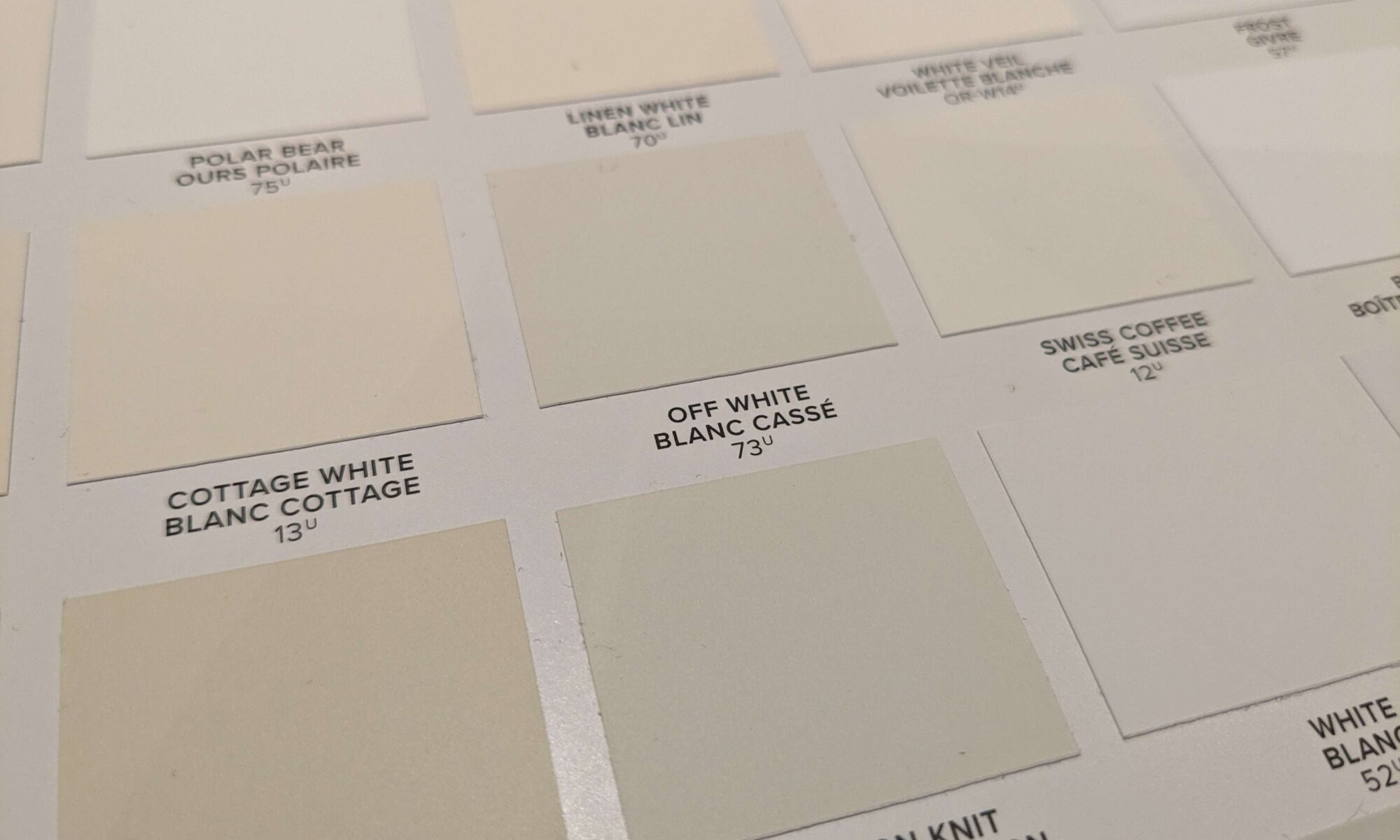Various shades of white are displayed along with their names and corresponding paint codes. It's positively overwhelming.